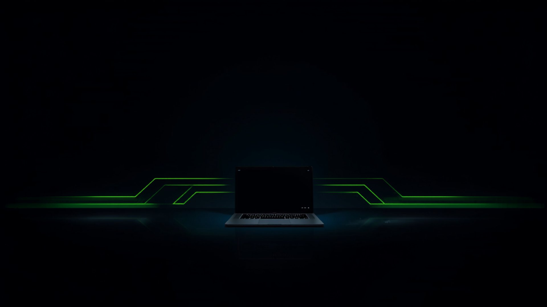 Laptop in a dark studio with glowing lime circuit lines — code in progress